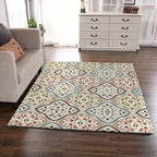 Ivory Bedroom Carpet Moroccan Motif Pattern Carpet Polyester Washable Stain Resistant Carpet