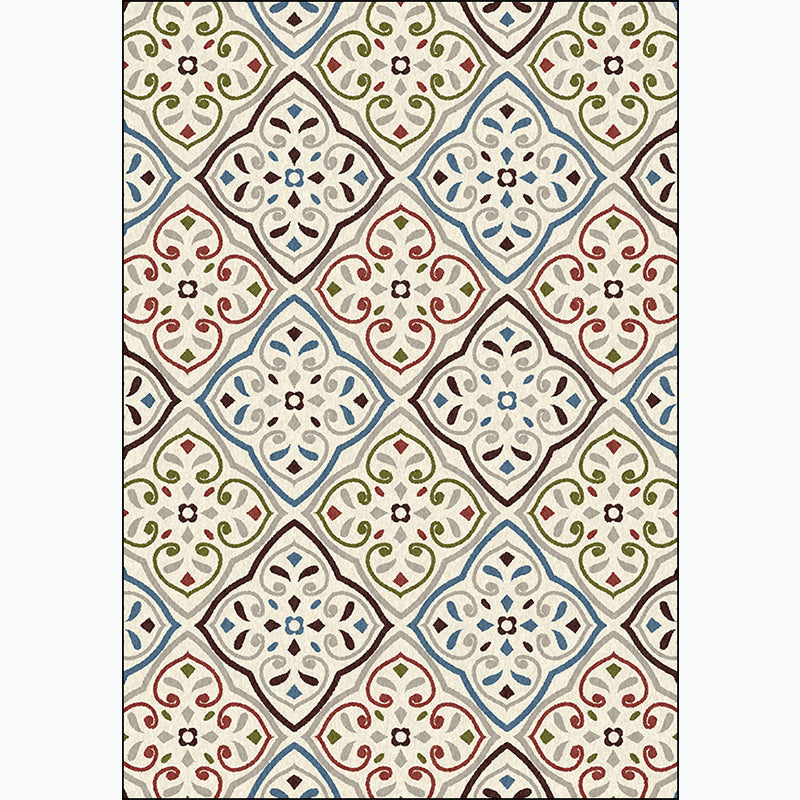 Ivory Bedroom Carpet Moroccan Motif Pattern Carpet Polyester Washable Stain Resistant Carpet