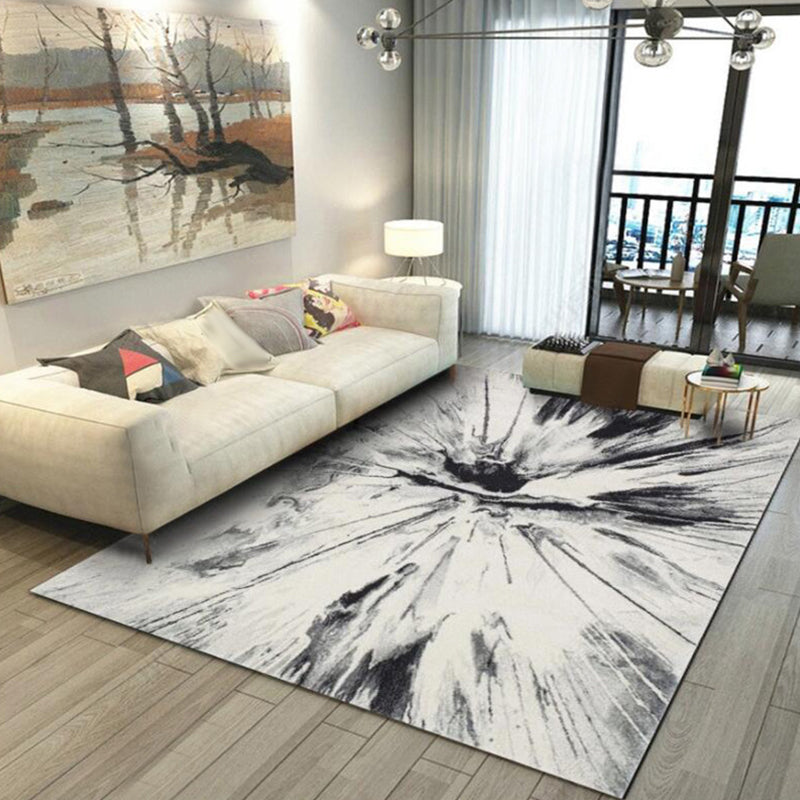 Modern living room rug in white Abstract ink painting print rug Polyester Washable Non-slip backing rug