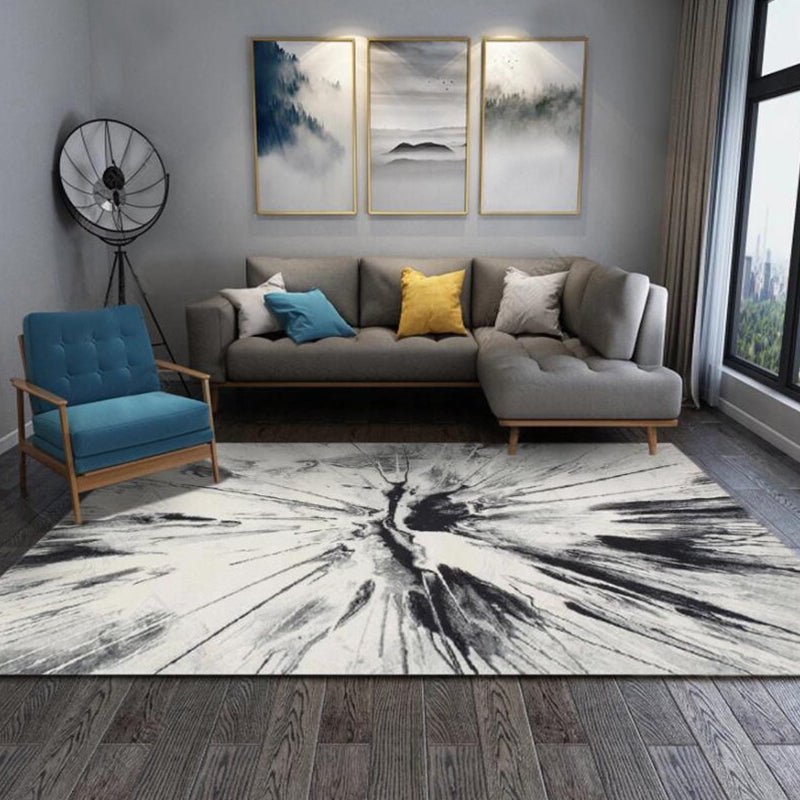 Modern living room rug in white Abstract ink painting print rug Polyester Washable Non-slip backing rug
