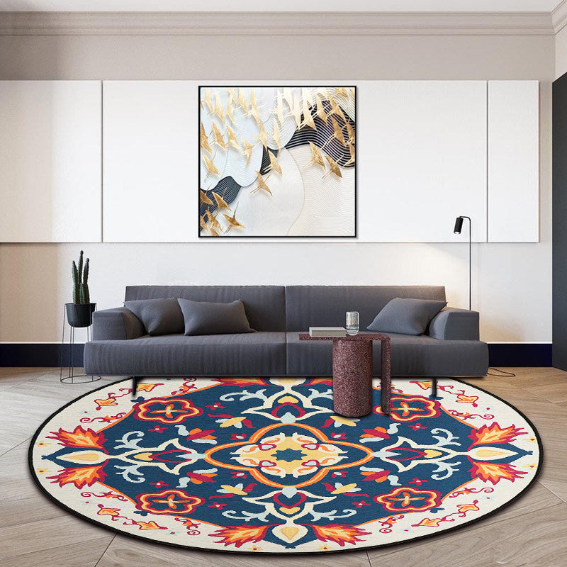 Moroccan Living Room Rug in Blue Floral Pattern Rug Polyester Machine Washable Area Rug