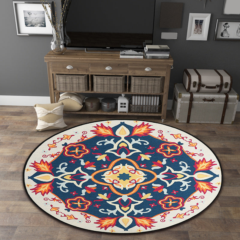 Moroccan Living Room Rug in Blue Floral Pattern Rug Polyester Machine Washable Area Rug