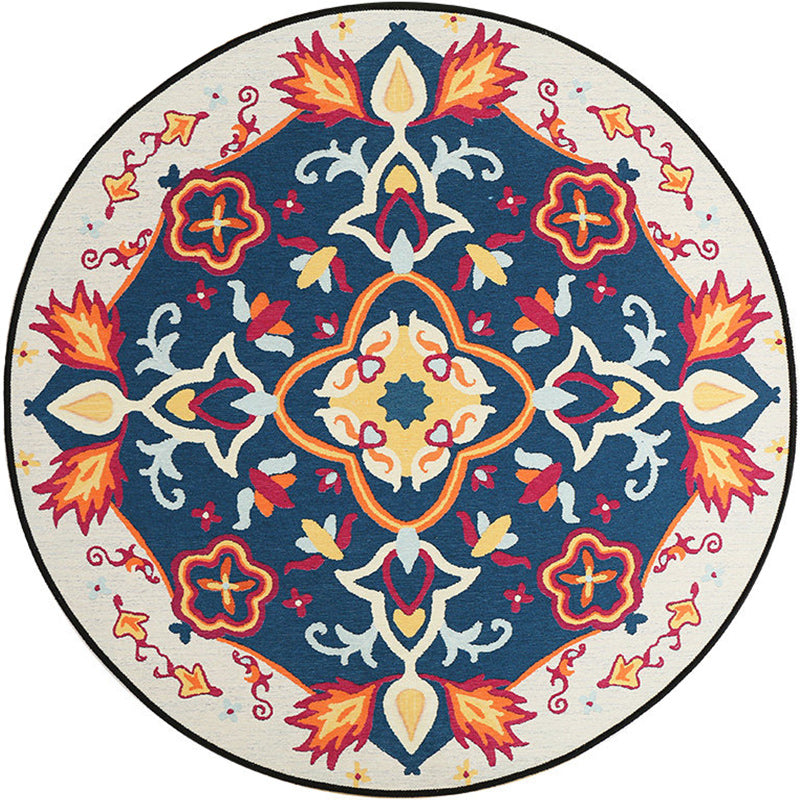 Moroccan Living Room Rug in Blue Floral Pattern Rug Polyester Machine Washable Area Rug