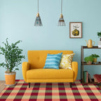 Red and Brown Bedroom Rug Modern Checkered Striped Design Rug Polyester Stain Resistant Machine Washable Rug