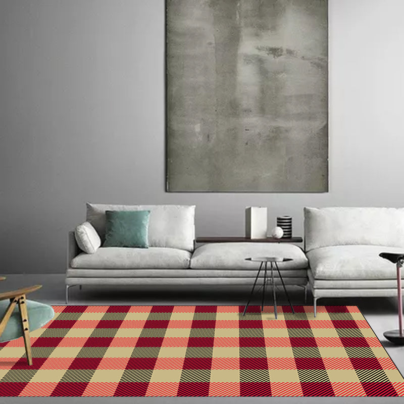 Red and Brown Bedroom Rug Modern Checkered Striped Design Rug Polyester Stain Resistant Machine Washable Rug