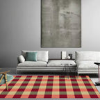 Red and Brown Bedroom Rug Modern Checkered Striped Design Rug Polyester Stain Resistant Machine Washable Rug