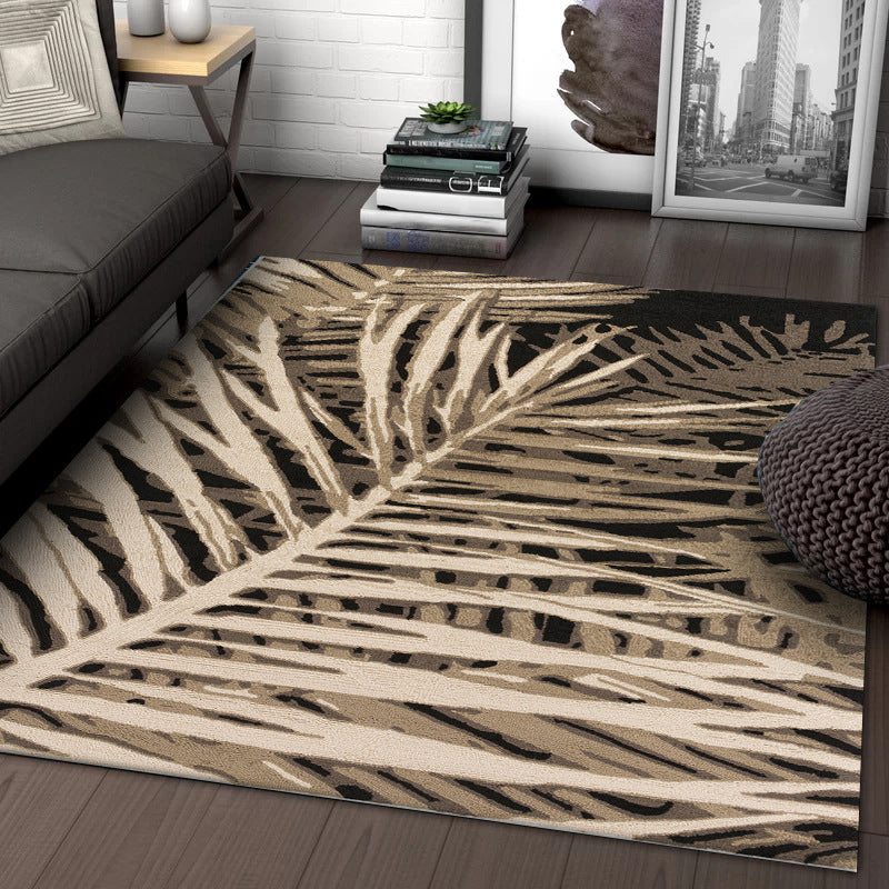 Unique Leaf Pattern Carpet Brown Tropical Carpet Polyester Washable Non-Slip Back Rug for Living Room
