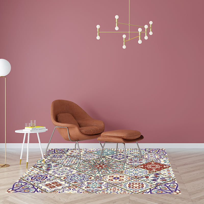 Ivory Bedroom Carpet Moroccan Flower Geometric Pattern Area Rug Polyester Non-Slip Pet-Friendly Rug