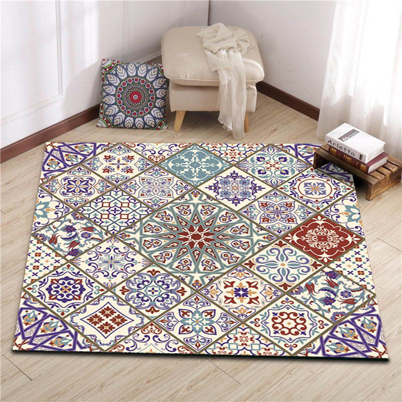 Ivory Bedroom Carpet Moroccan Flower Geometric Pattern Area Rug Polyester Non-Slip Pet-Friendly Rug