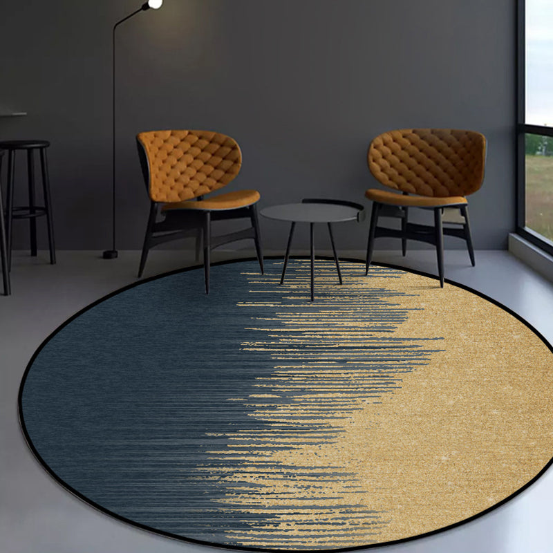 Modern living room rug in blue and yellow with abstract stripe color block print rug polyester machine washable rug for the living area
