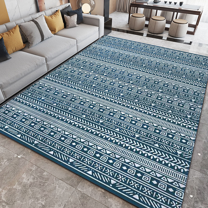 Southwestern Living Room Rug with Blue Stripe Triangle Print Rug Polyester Stain Resistant Area Rug