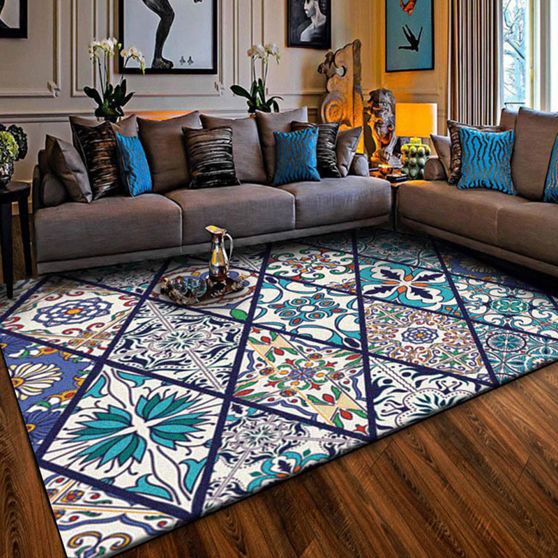 American Moroccan rug in blue diamond flower pattern rug polyester non-slip washable rug for home decor