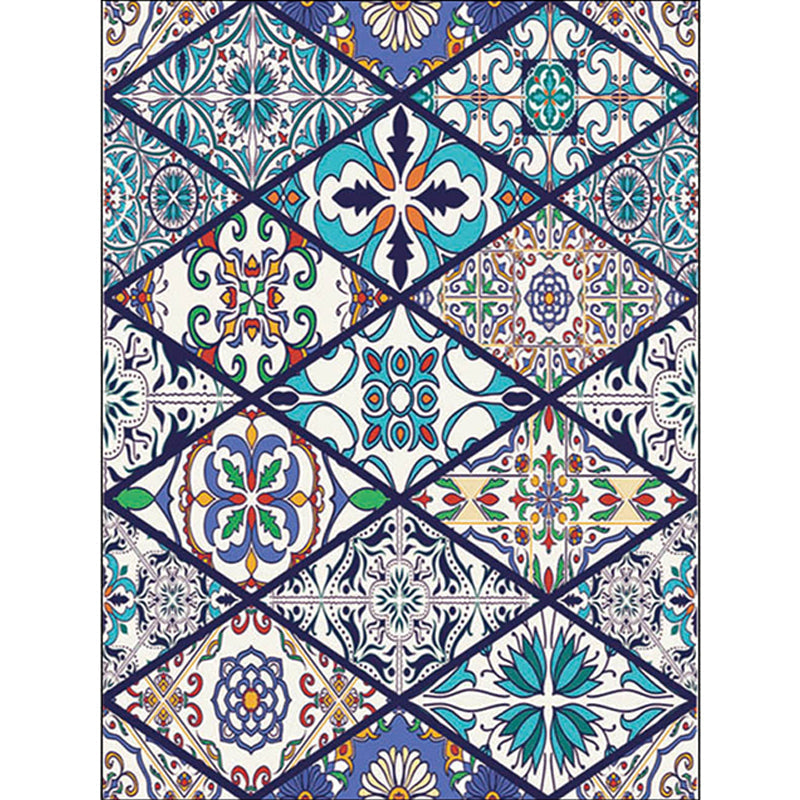 American Moroccan rug in blue diamond flower pattern rug polyester non-slip washable rug for home decor