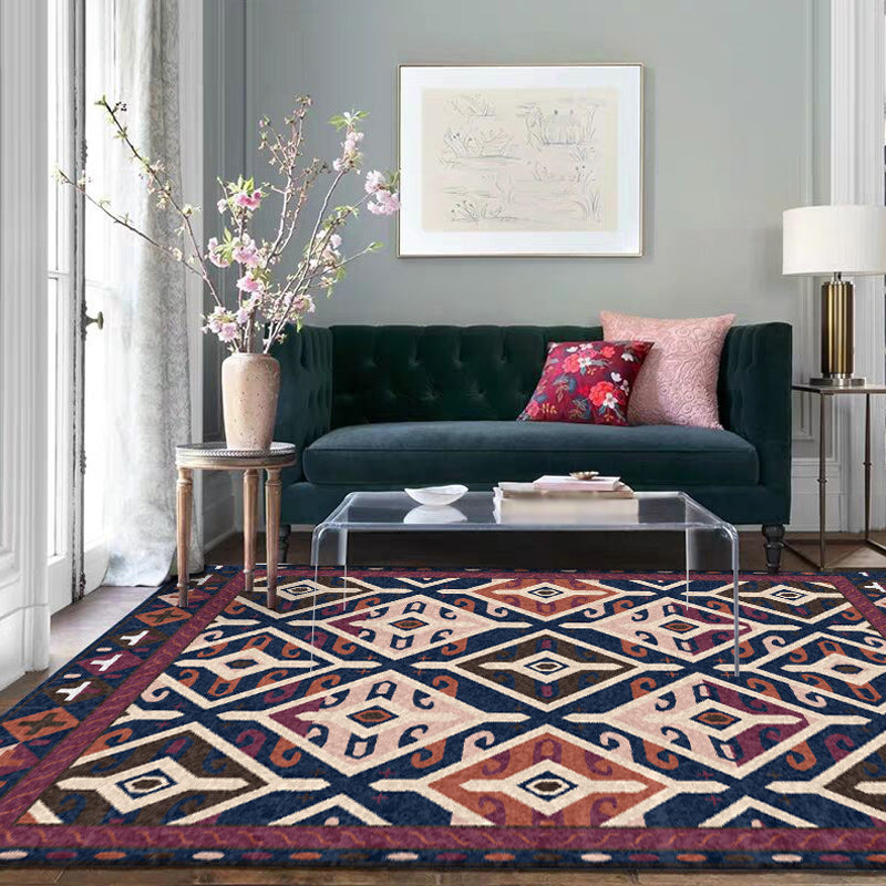 Moroccan Living Room Rug in Blue and Red Diamond Triangle Print Carpet Polyester Washable Non-Slip Area Rug