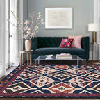 Moroccan Living Room Rug in Blue and Red Diamond Triangle Print Carpet Polyester Washable Non-Slip Area Rug