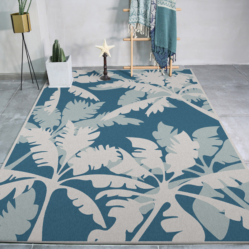 Simple Leaves Tree Print Rug Blue and Grey Polyester Rug Machine Washable Non-Slip Rug for Bedroom