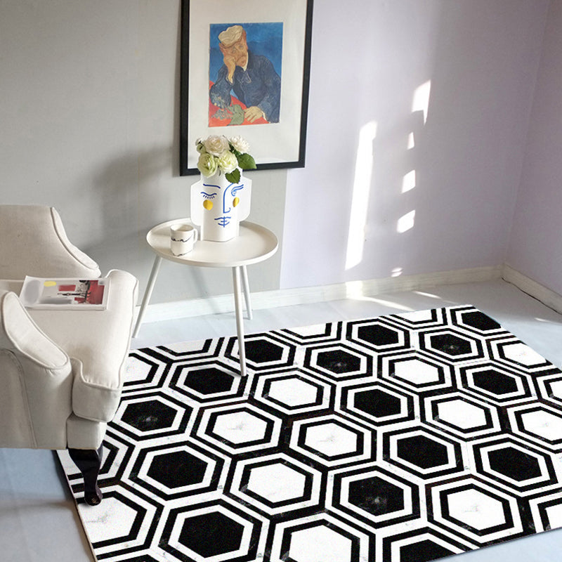 Black and white bedroom rug modern hexagon pattern area rug polyester machine washable rug