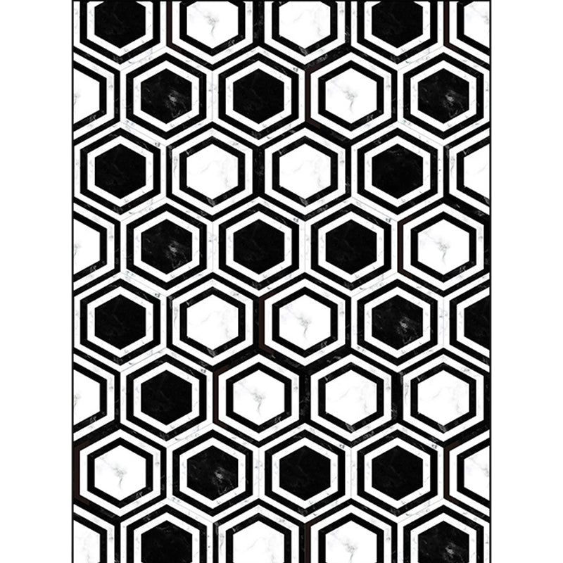 Black and white bedroom rug modern hexagon pattern area rug polyester machine washable rug