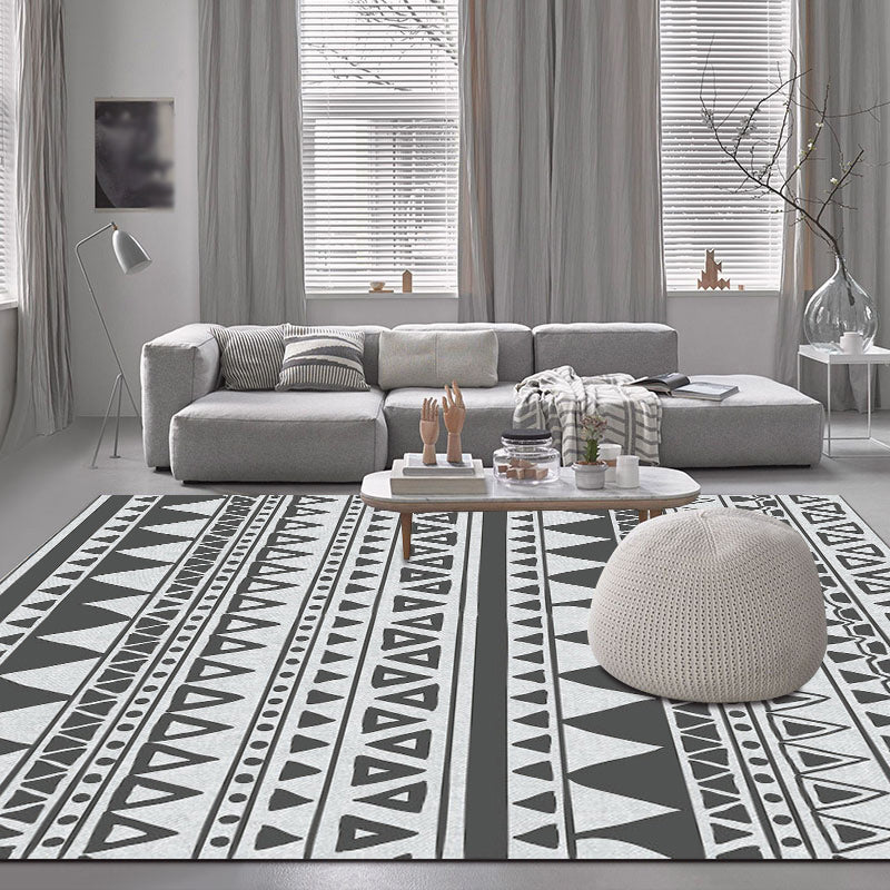 Gray and Black Bedroom Rug Southwest Stripes Dots Triangle Pattern Area Rug Polyester Non-Slip Back Rug