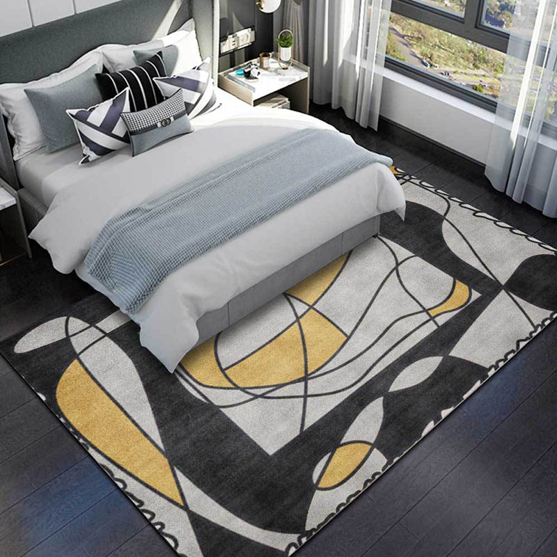Novelty Living Room Rug in Gray Colorblock Line Print Rug Polyester Machine Washable Area Rug