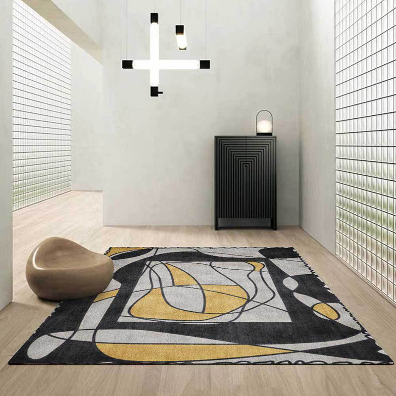 Novelty Living Room Rug in Gray Colorblock Line Print Rug Polyester Machine Washable Area Rug