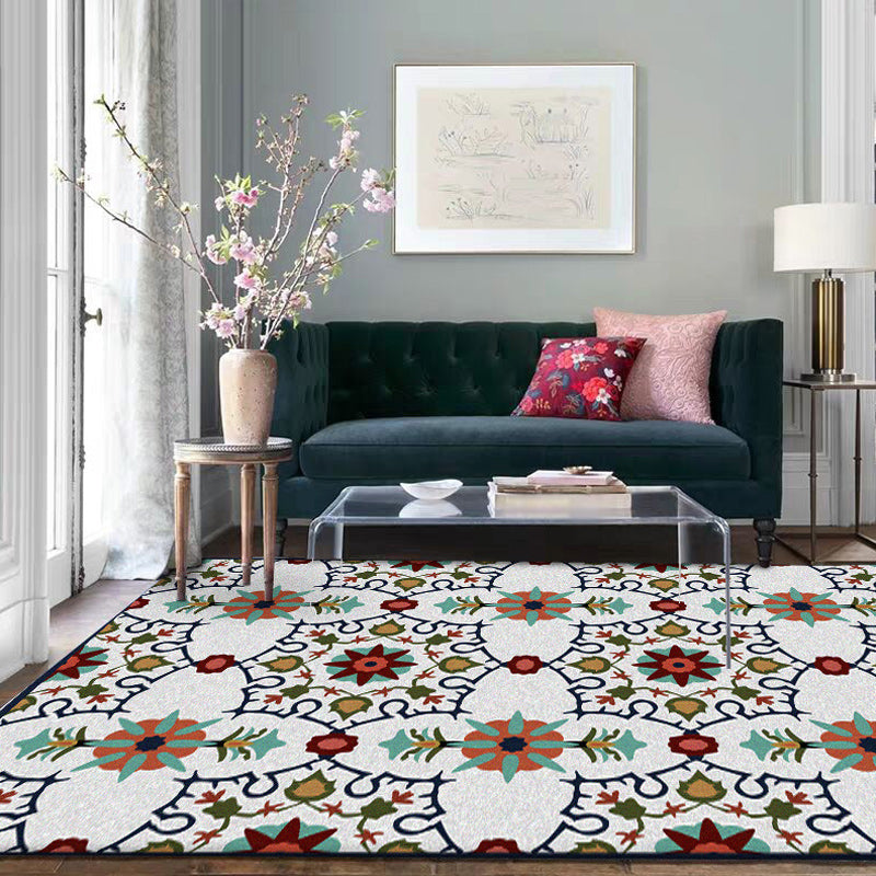 Moroccan living room rug in white floral print rug polyester stain-resistant non-slip rug