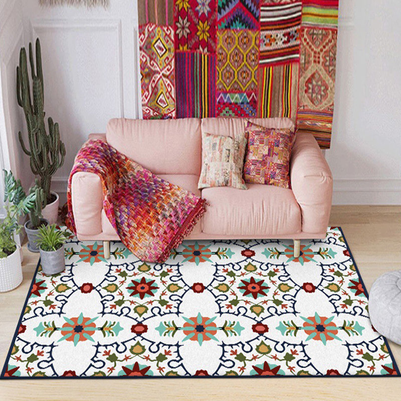 Moroccan living room rug in white floral print rug polyester stain-resistant non-slip rug