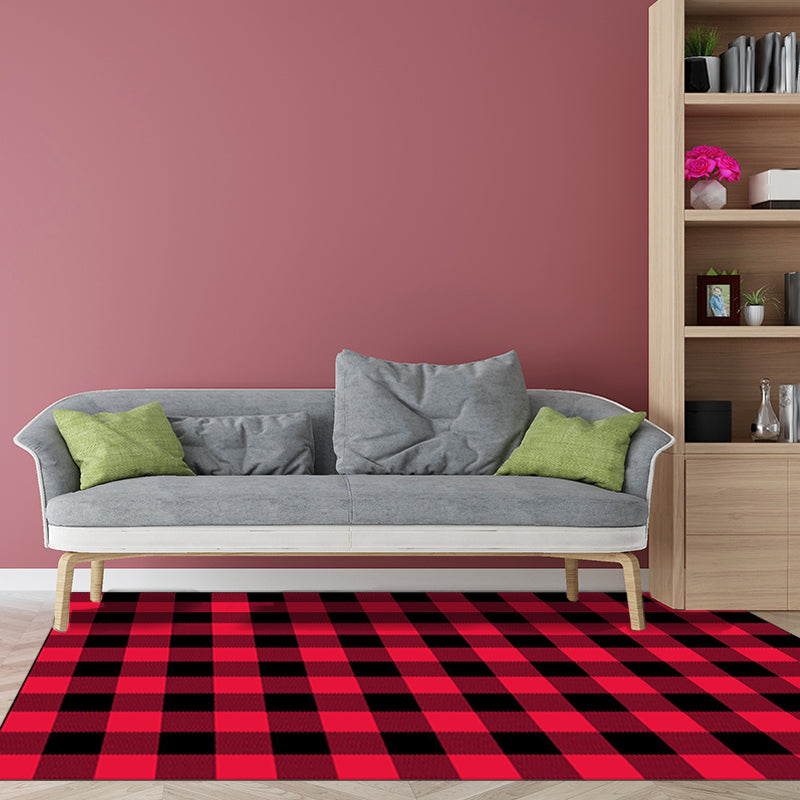 Modern living room rug in red check pattern Rug Polyester Stain resistant Washable rug for the area