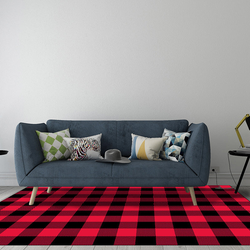 Modern living room rug in red check pattern Rug Polyester Stain resistant Washable rug for the area