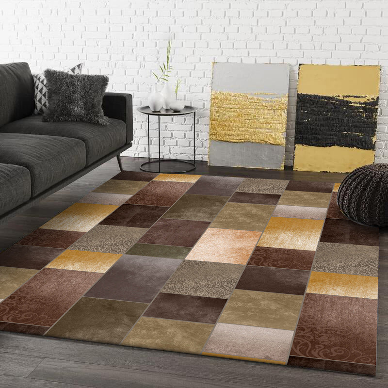 Novelty living room rug in brown color block rectangle print rug polyester pet-friendly machine washable rug