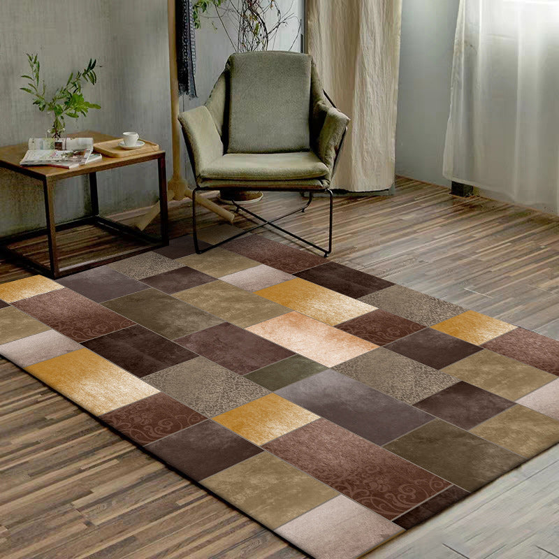 Novelty living room rug in brown color block rectangle print rug polyester pet-friendly machine washable rug