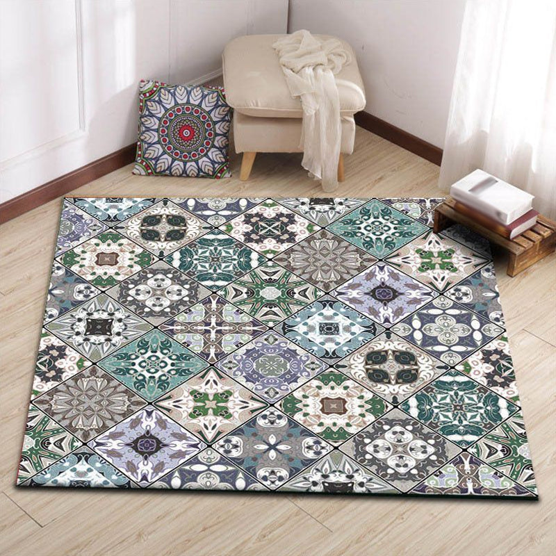 Retro Moroccan rug in green geometric floral pattern rug Polyester non-slip washable rug for home decor