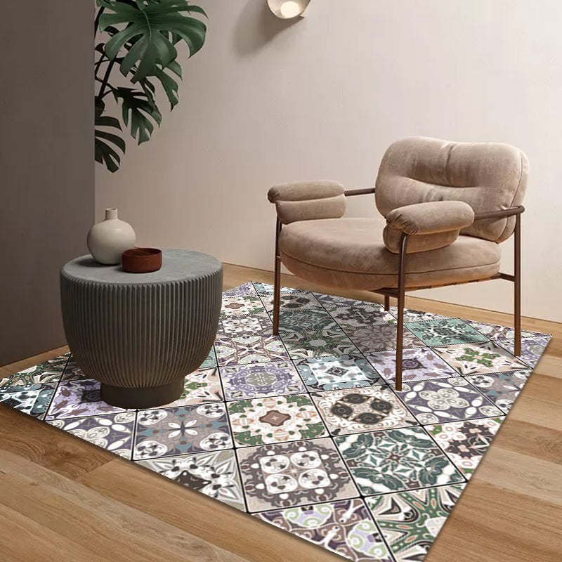Retro Moroccan rug in green geometric floral pattern rug Polyester non-slip washable rug for home decor