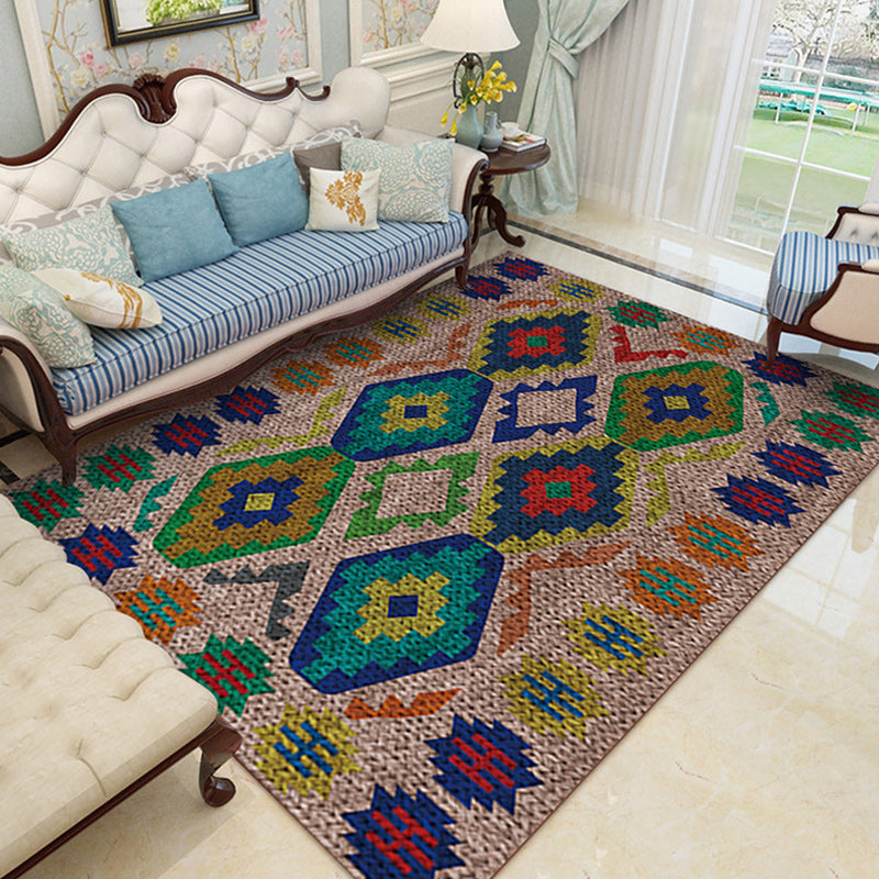 Southwest Living Room Rug in Brown Diamond Pattern Rug Polyester Washable Non-Slip Back Area Rug
