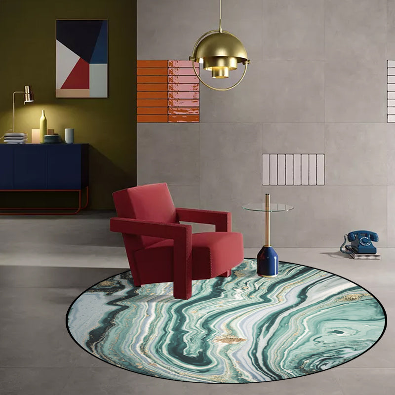 Teal Bedroom Rug Modern Abstract Marble Pattern Rug Polyester Washable Non-Slip Rug