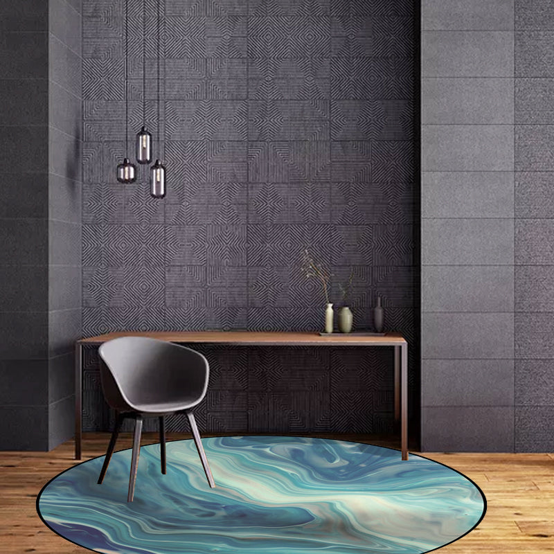 Modern living room rug in blue abstract marble print rug polyester non-slip machine washable rug