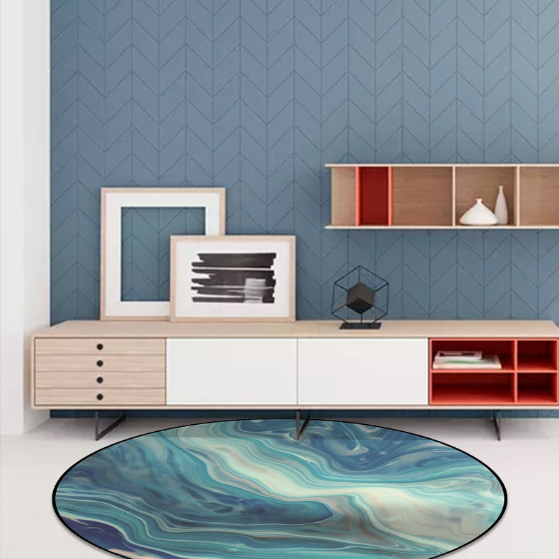 Modern living room rug in blue abstract marble print rug polyester non-slip machine washable rug