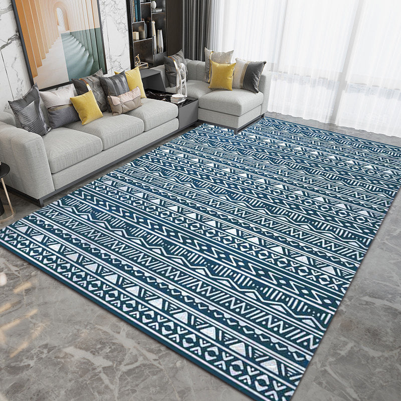 Blue Bedroom Rug Southwestern Stripes Triangle Pattern Area Rug Polyester Washable Non-Slip Rug