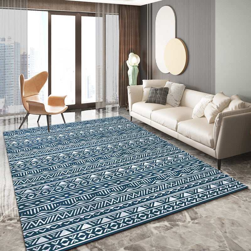 Blue Bedroom Rug Southwestern Stripes Triangle Pattern Area Rug Polyester Washable Non-Slip Rug