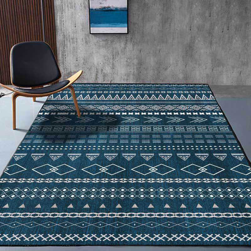 Southwestern living room rug in blue diamond triangle print rug polyester machine washable rug