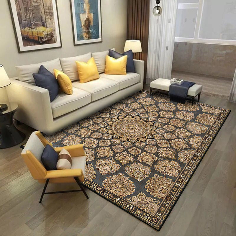Brown Bedroom Rug Southwestern Floral Circle Geometric Pattern Area Rug Polyester Stain-Resistant Rug