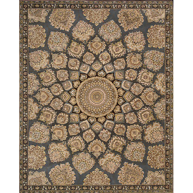 Brown Bedroom Rug Southwestern Floral Circle Geometric Pattern Area Rug Polyester Stain-Resistant Rug