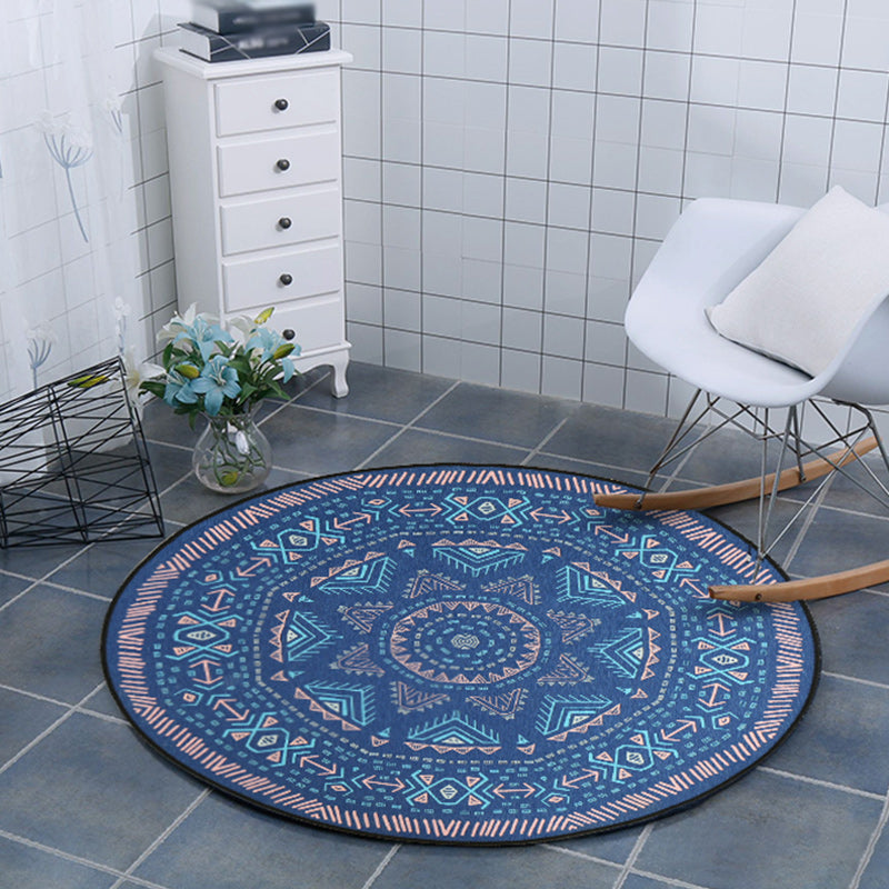Blue Bedroom Carpet Southwest Triangle Line Pattern Carpet Polyester Machine Washable Carpet