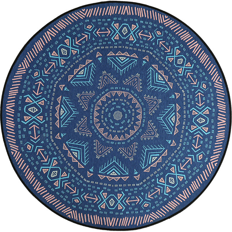 Blue Bedroom Carpet Southwest Triangle Line Pattern Carpet Polyester Machine Washable Carpet