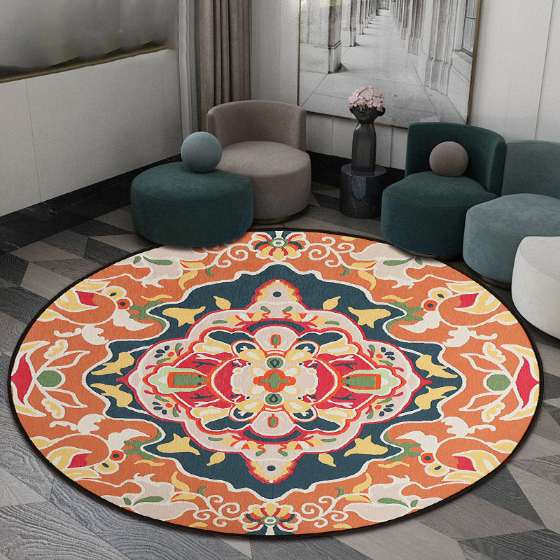 Orange Bedroom Rug Moroccan Floral Pattern Area Rug Polyester Pet Friendly Washable Rug