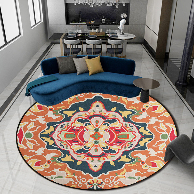 Orange Bedroom Rug Moroccan Floral Pattern Area Rug Polyester Pet Friendly Washable Rug