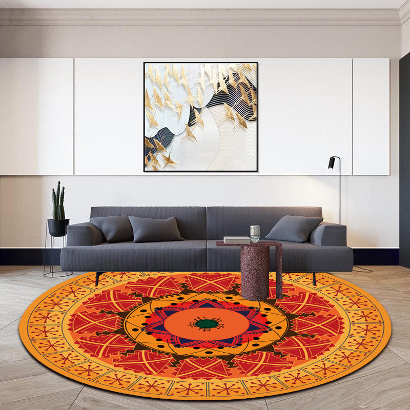 Orange Bedroom Rug Moroccan Floral Lotus Pattern Rug Polyester Machine Washable Stain Resistant Rug