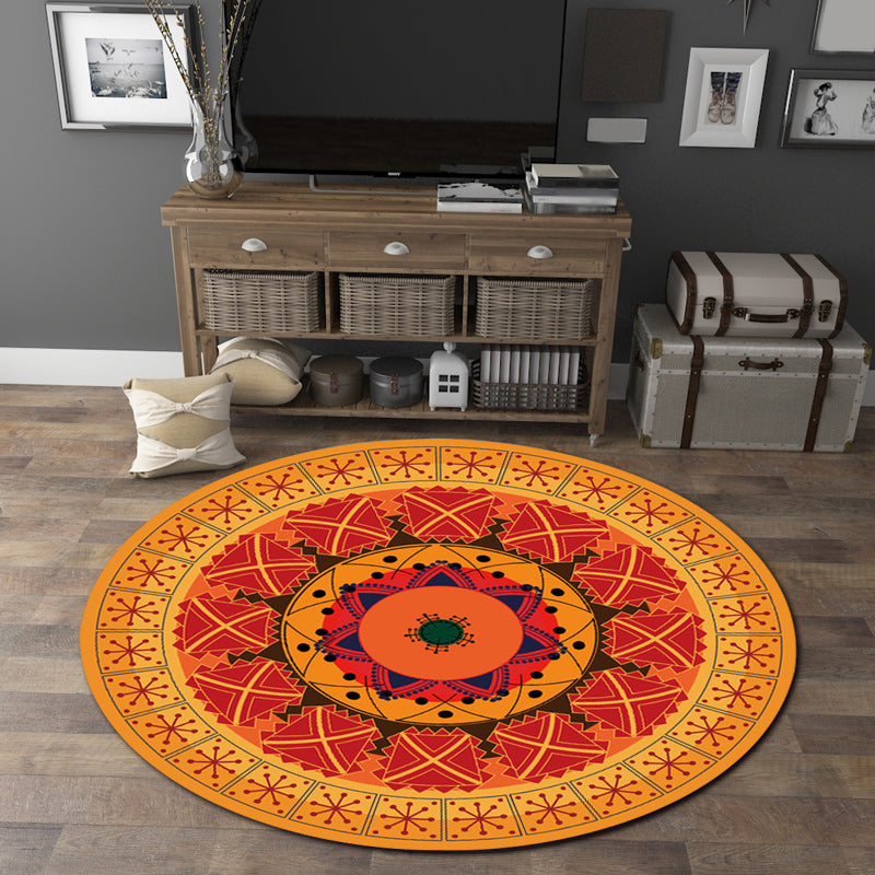 Orange Bedroom Rug Moroccan Floral Lotus Pattern Area Rug Polyester Machine Washable Stain Resistant Rug