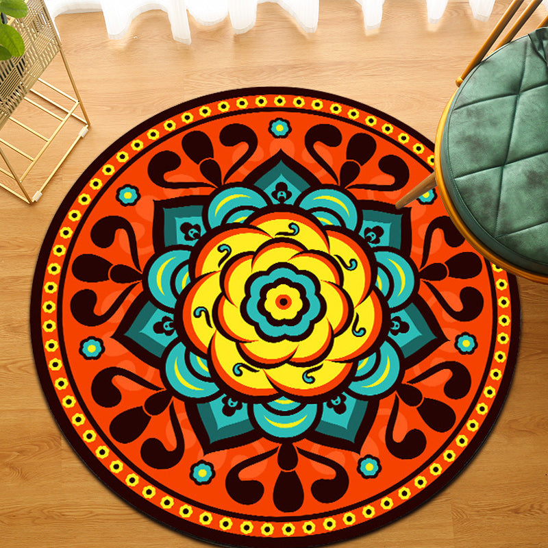 Orange Bedroom Rug Moroccan Floral Lotus Pattern Area Rug Polyester Machine Washable Stain Resistant Rug