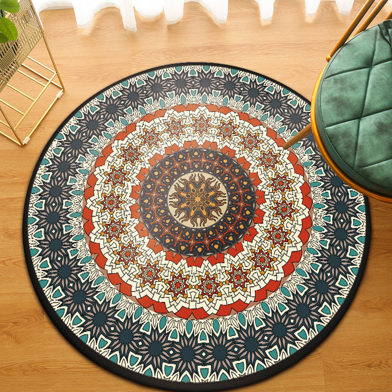 Green Bedroom Carpet Moroccan Flower Circle Pattern Carpet Polyester Pet-Friendly Non-Slip Washable Carpet